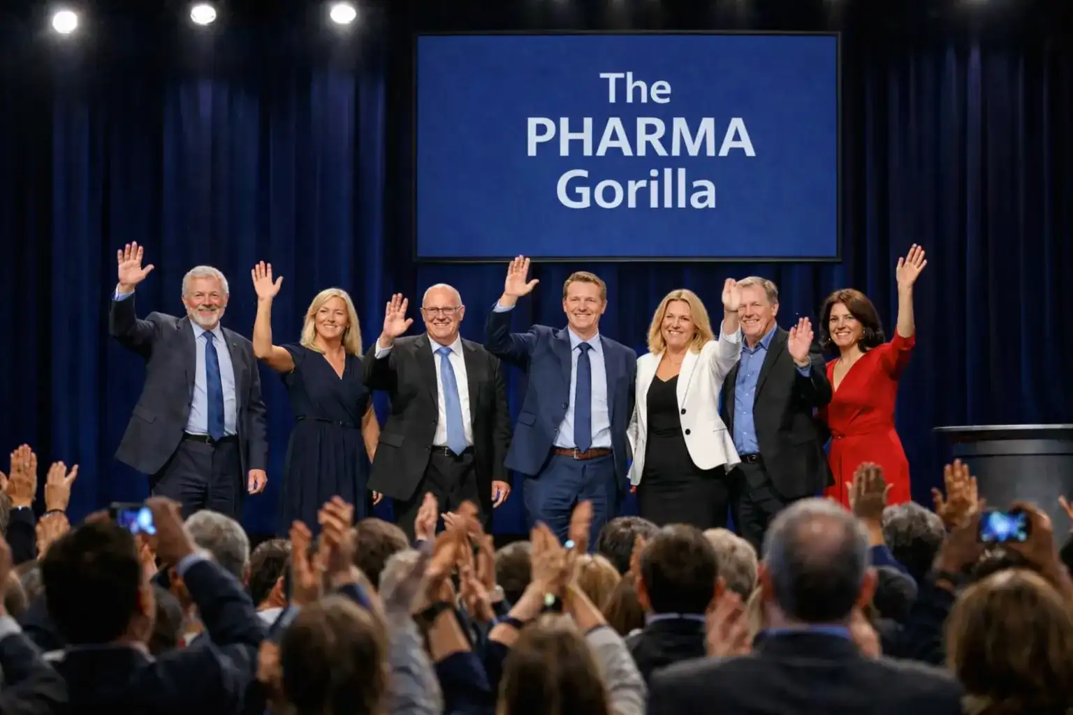 Team on stage with a presentation